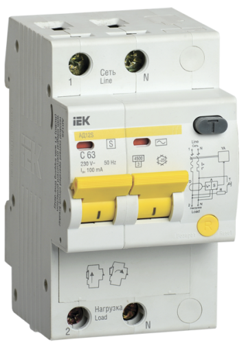 Выключатель автоматический дифференциальный АД12S 2п 63А C 300мА тип AC (3 мод) | код. MAD13-2-063-C-300 | IEK 